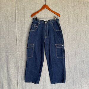90s Vintage Culture 100% Cotton Dark Denim Rave Cargo Wide  Leg Jeans Size 31